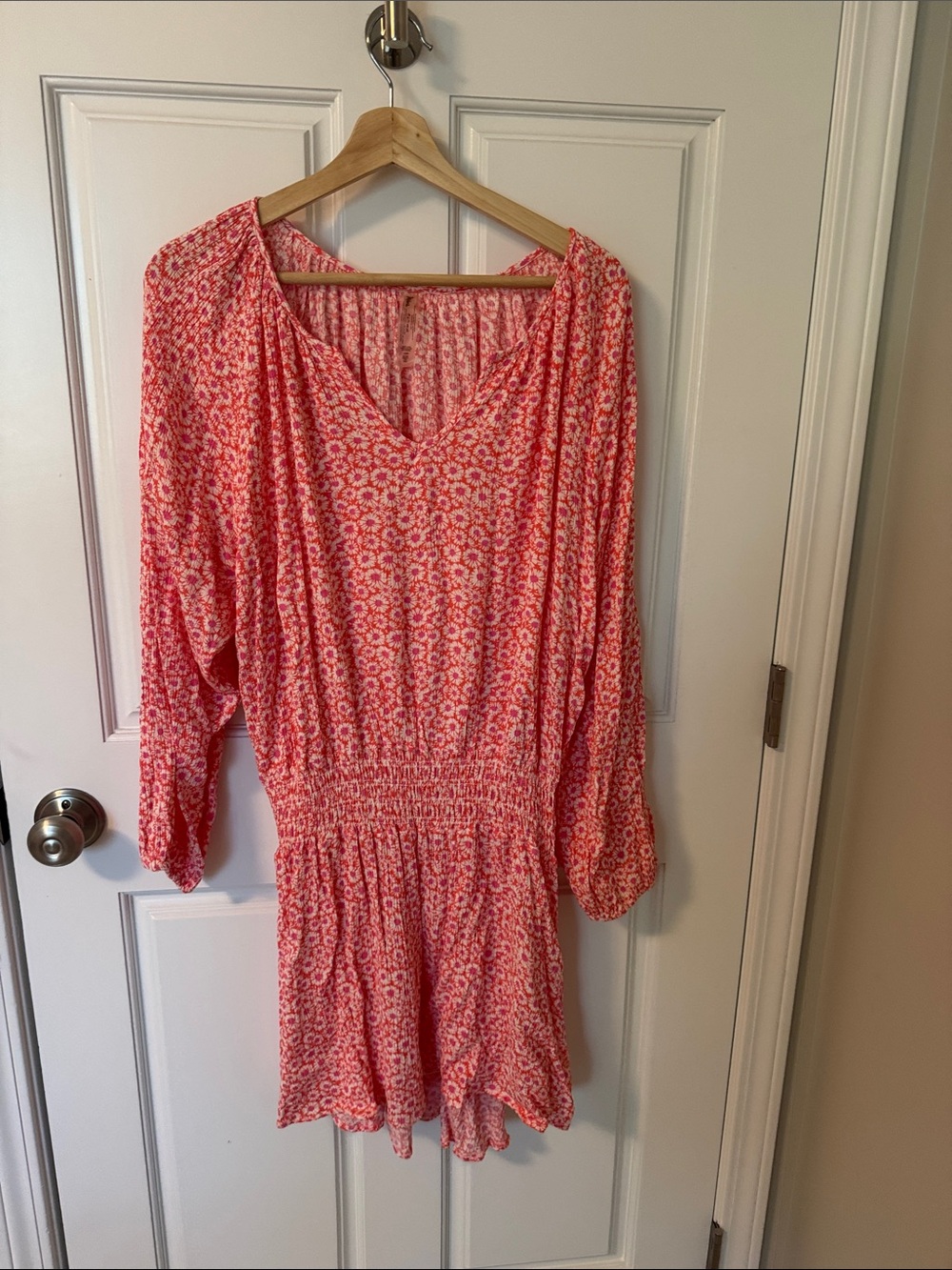 Raisins Coral Pink Floral Long-Sleeve Smocked Waist Dress